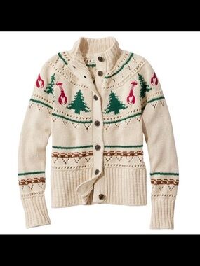 L.L. Bean Signature Cotton Fisherman Sweater  Cardigan Fair Isle Lobster XS
